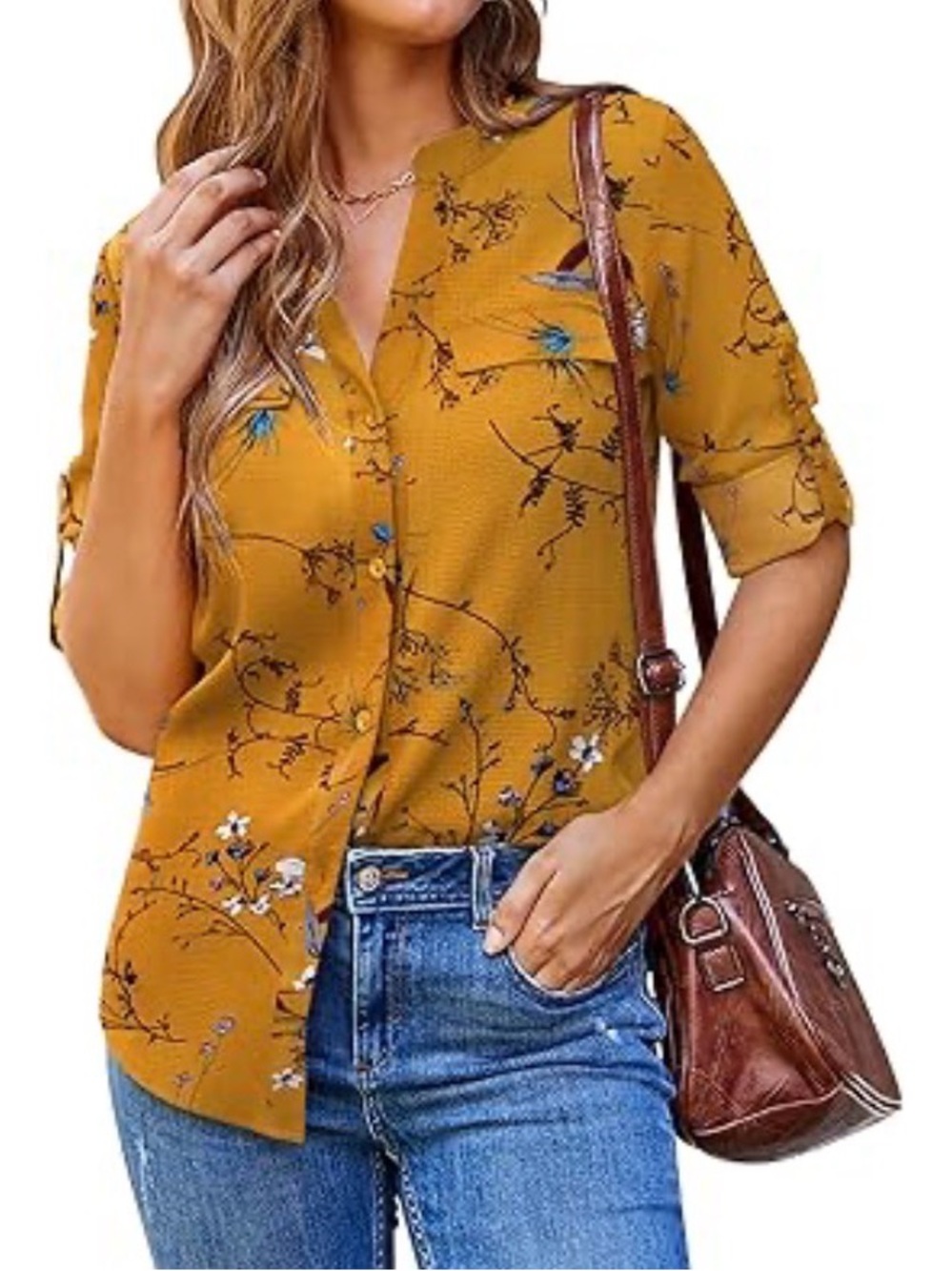 mustard yellow floral button-up blouse,